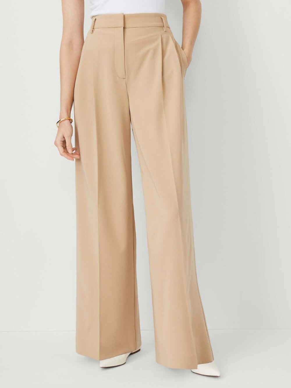 Ann Taylor Pleated High Rise Relaxed Fit Wide-Leg Trouser Pants Pockets Tan, 8